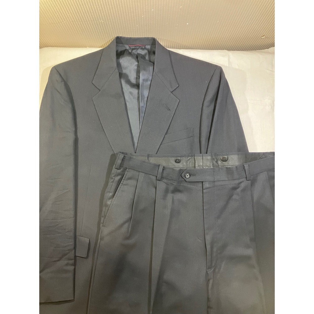 Hart Schaffner Marx Dillard's Men Navy Blue Wool 2 Piece Suit 44L Pleated Cuffed